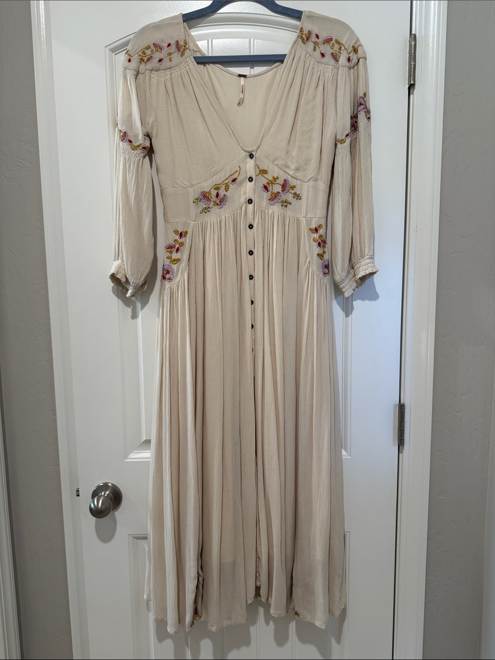 Free People Day Glow Embroidered Button Front Midi Dress Ivory - Picture 2 of 8